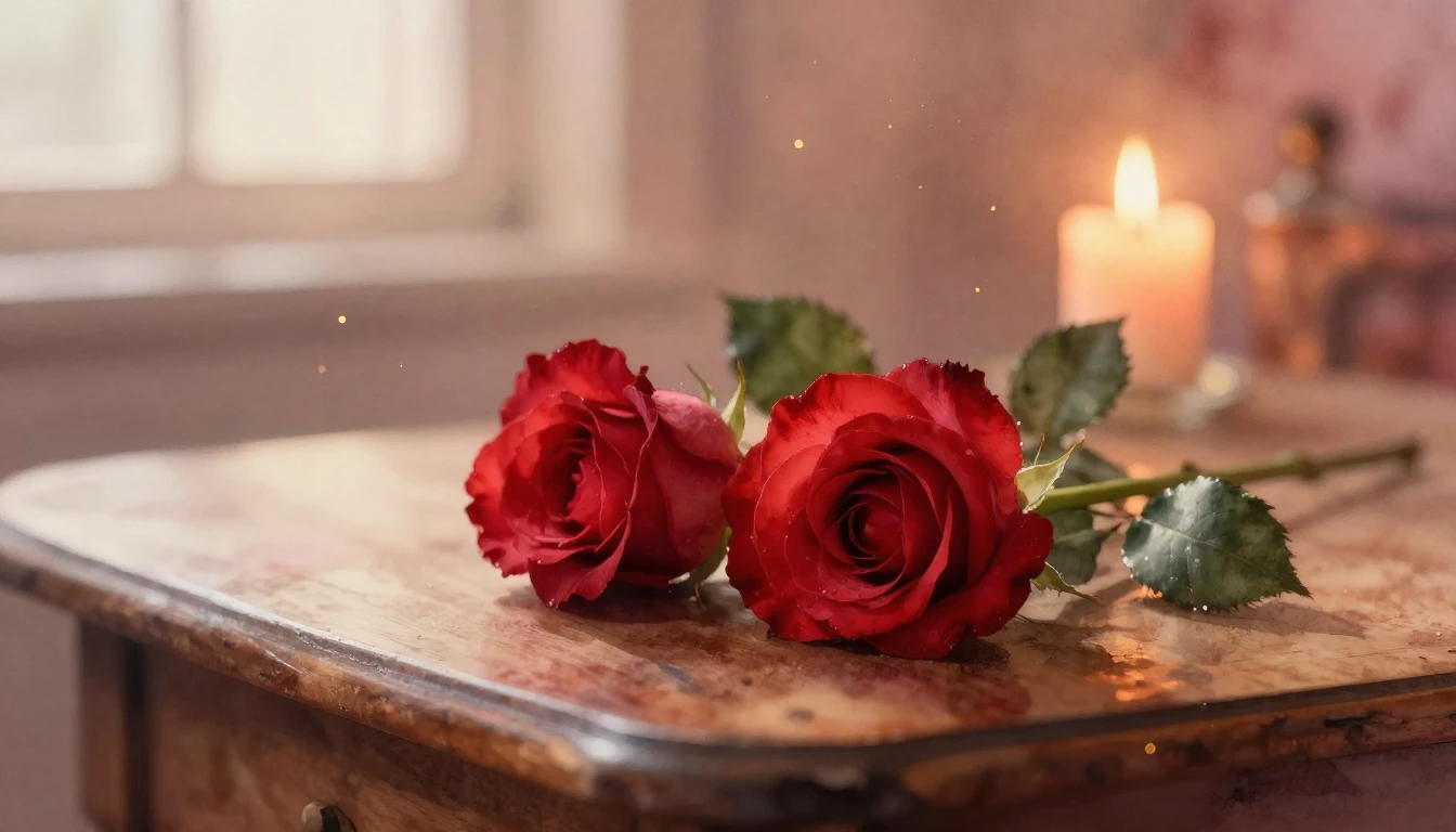 A soft watercolor painting of two delicate red roses resting...