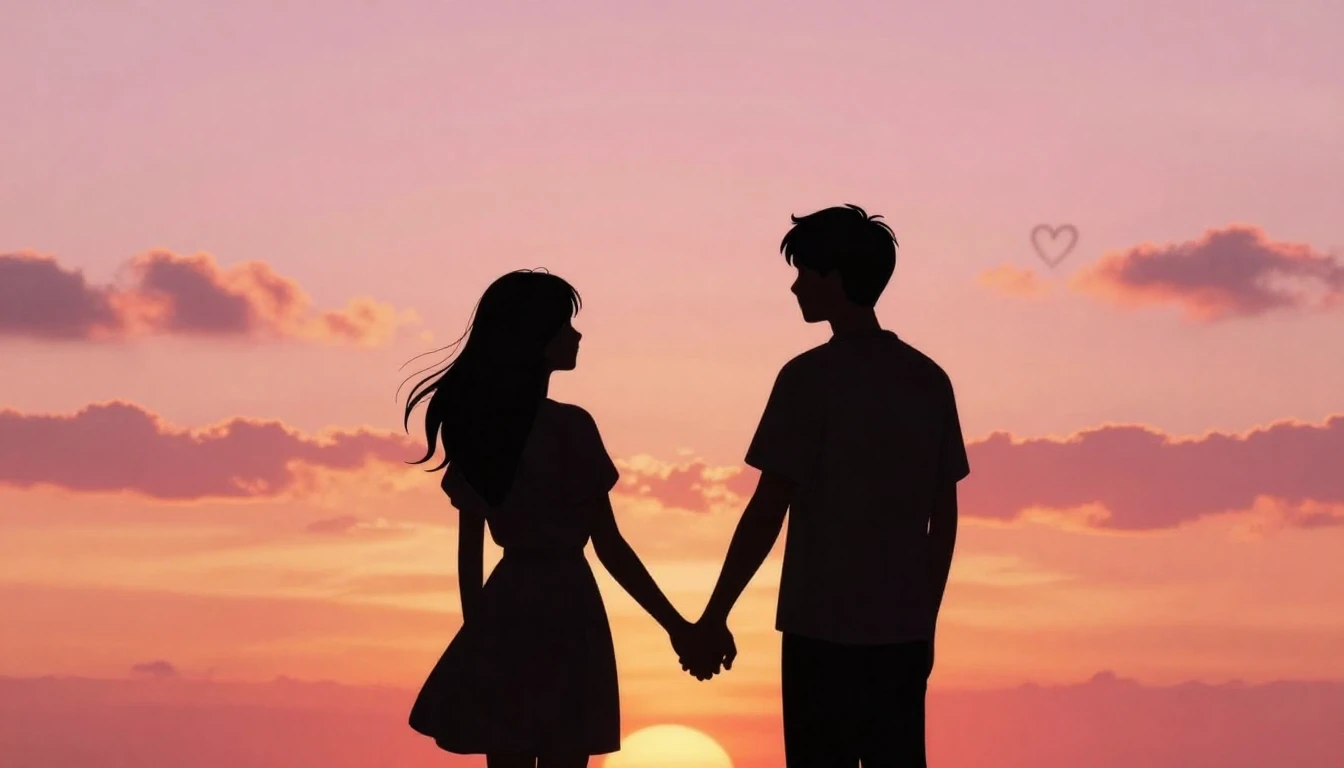 A romantic and dreamy illustration of two silhouettes holdin...