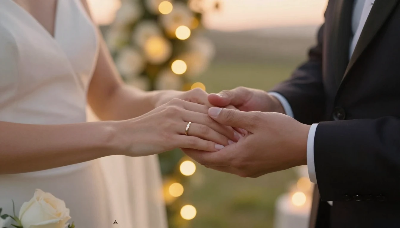 A romantic and elegant wedding scene. Close up of a bride an...