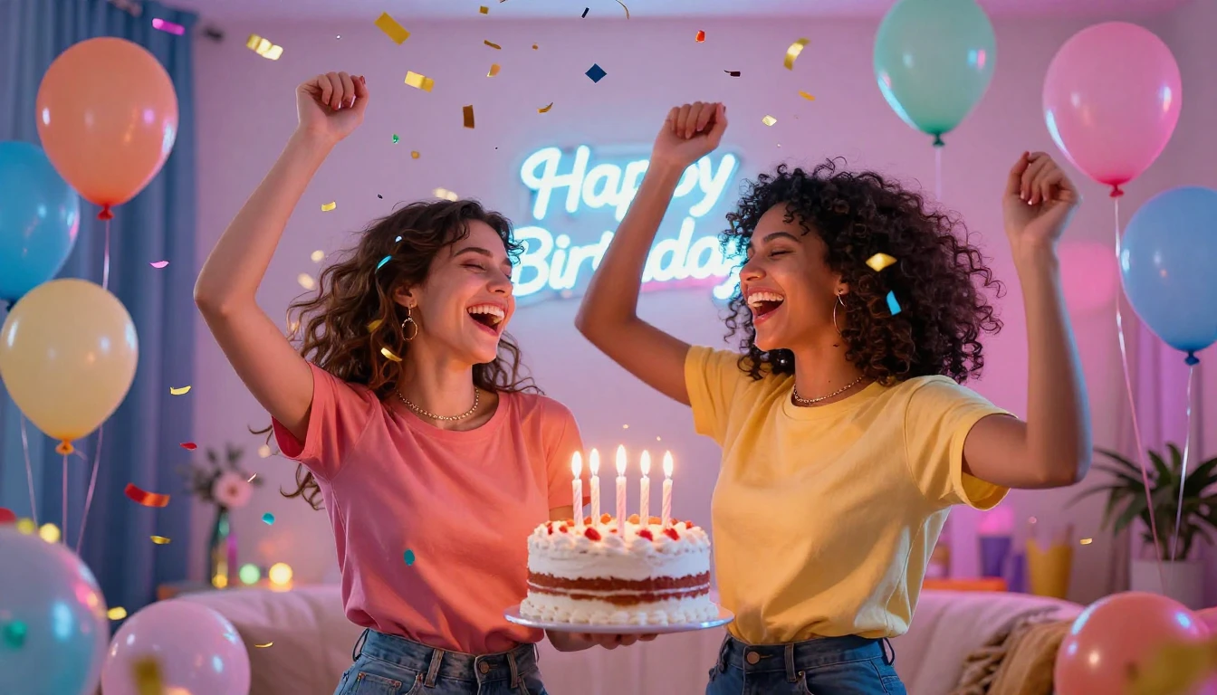 A vibrant and joyful party scene featuring two best friends ...