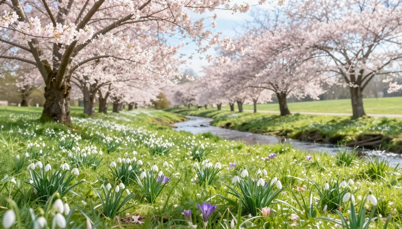A serene landscape featuring a blooming meadow with delicate...