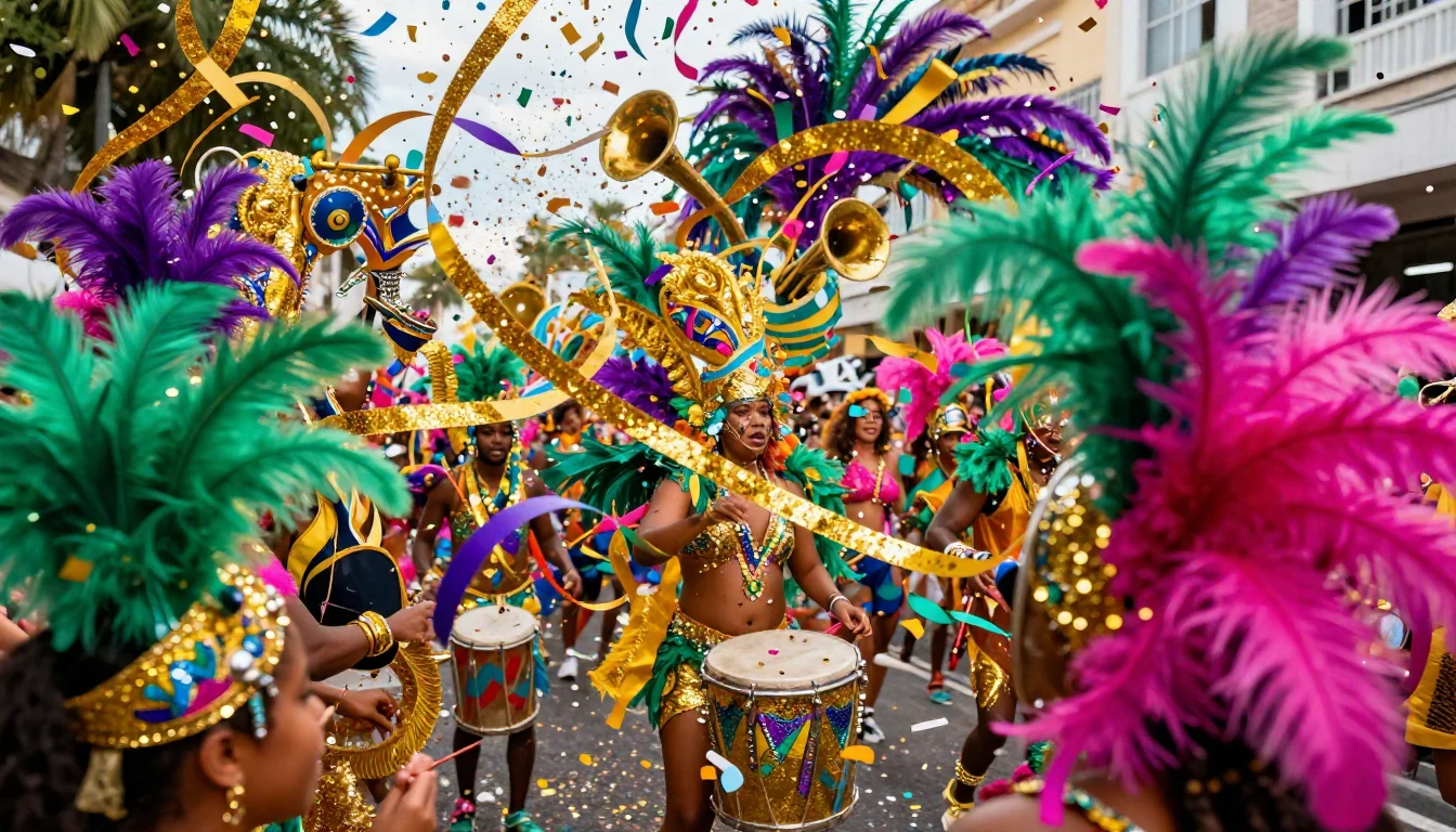 A vibrant and explosive scene of a Carnival celebration. The...