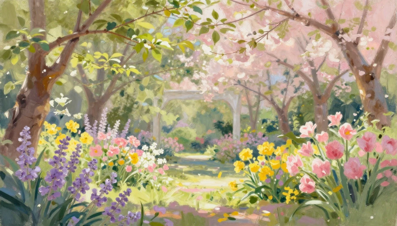 A lush garden in full bloom during a sunny spring afternoon....