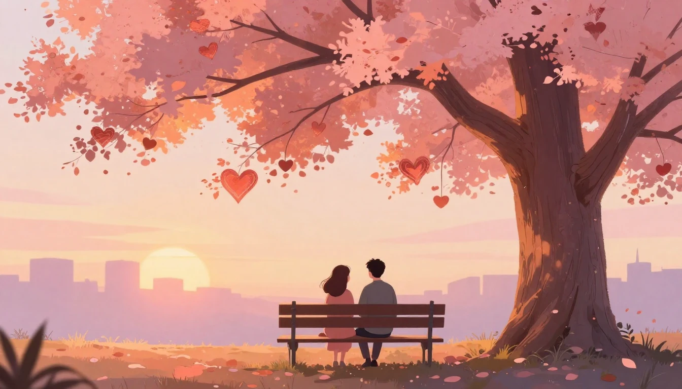 A romantic and soft illustration of a couple sitting on a pa...