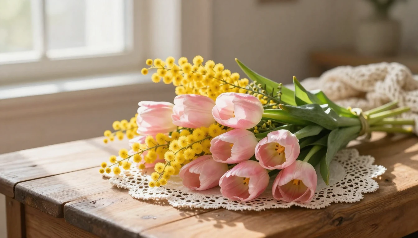 A beautiful bouquet of spring flowers, including bright yell...