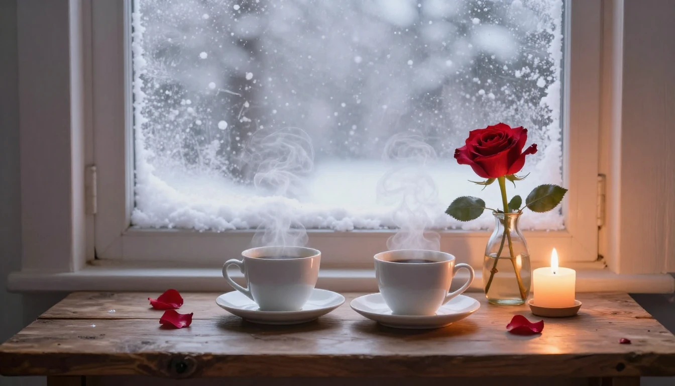 A romantic and cozy scene next to a frosted window with a vi...