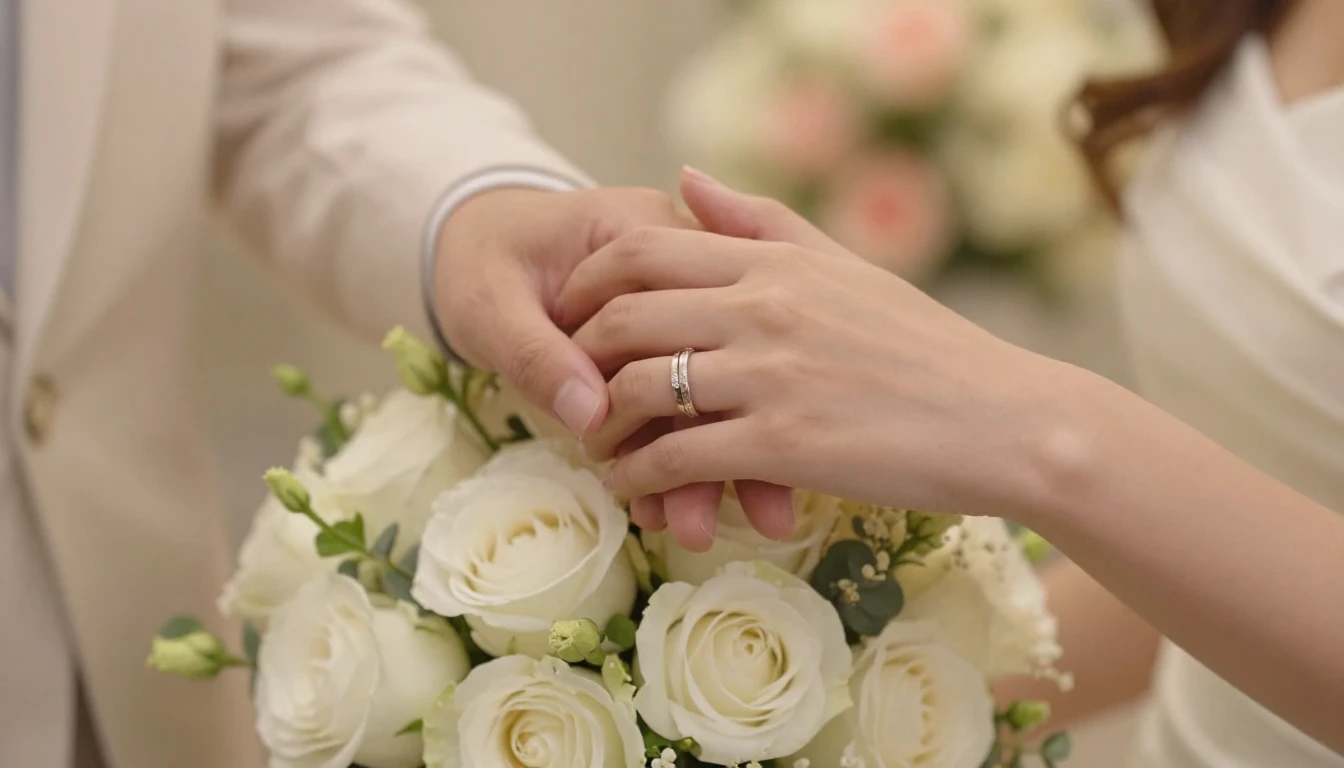 A beautiful romantic scene of two hands wearing wedding ring...
