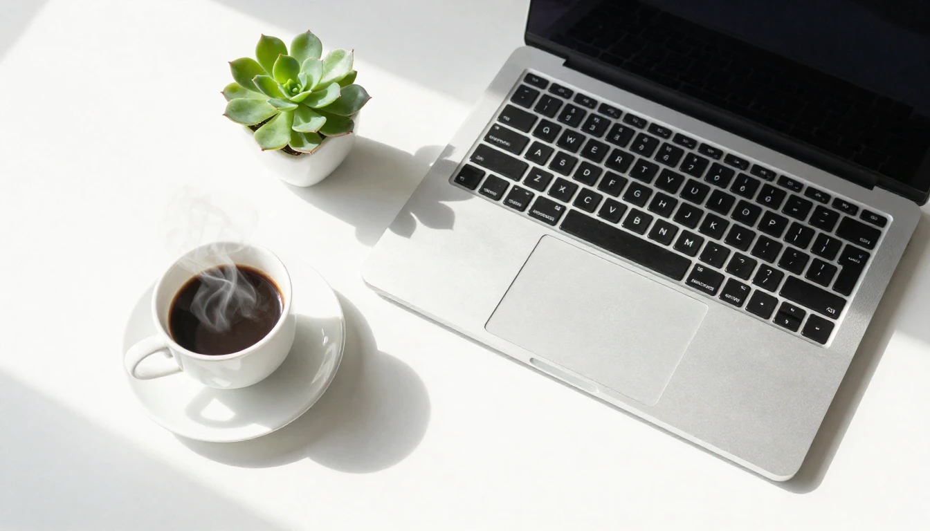 A clean and modern office desk scene viewed from above. A sl...