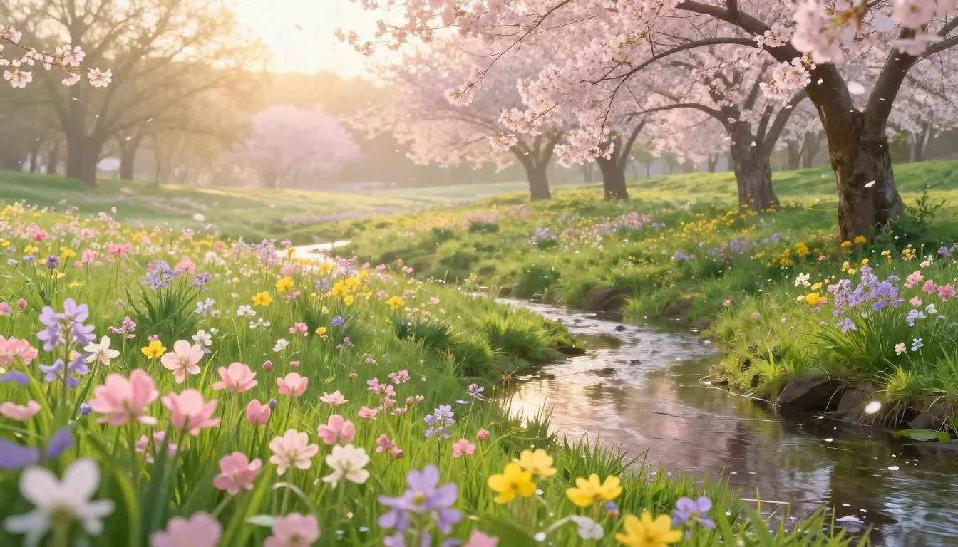 A breathtaking spring landscape at sunrise. Lush green meado...