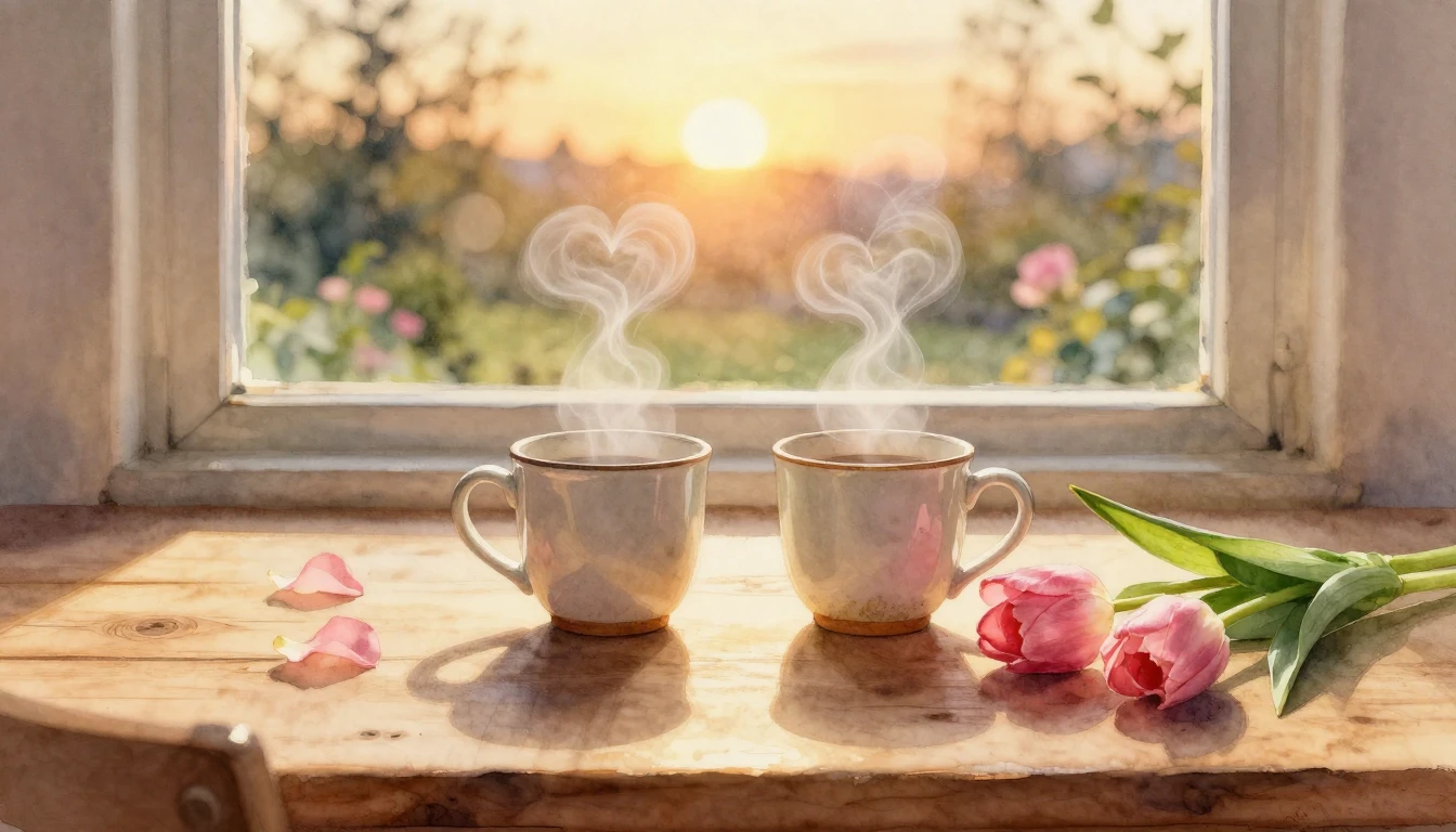 A soft watercolor painting of a cozy wooden table by a windo...