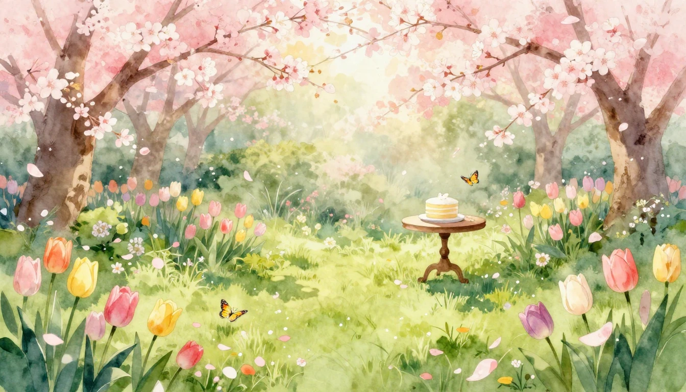 A beautiful watercolor painting of a lush spring garden in f...