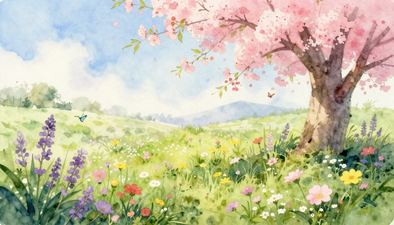 A vibrant watercolor painting of a lush meadow filled with b...