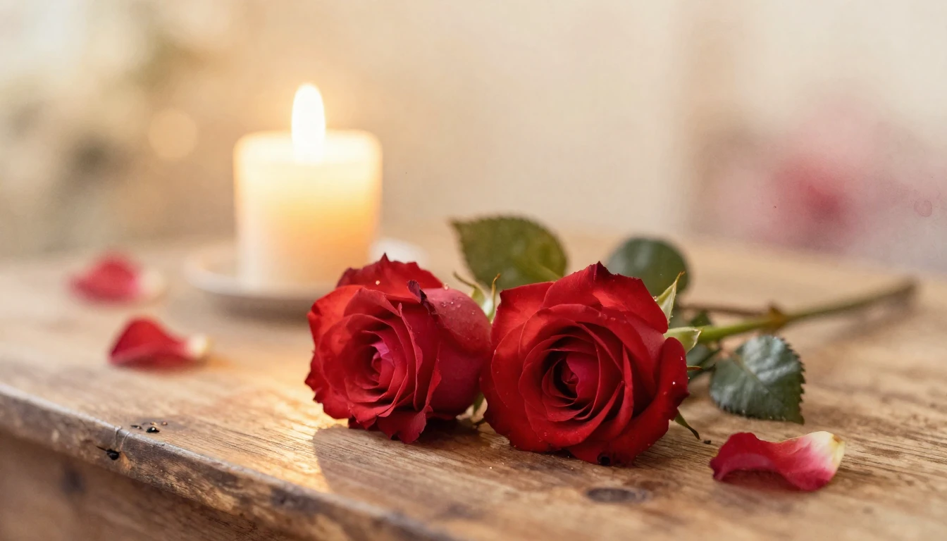 A dreamlike watercolor painting of two delicate red roses in...