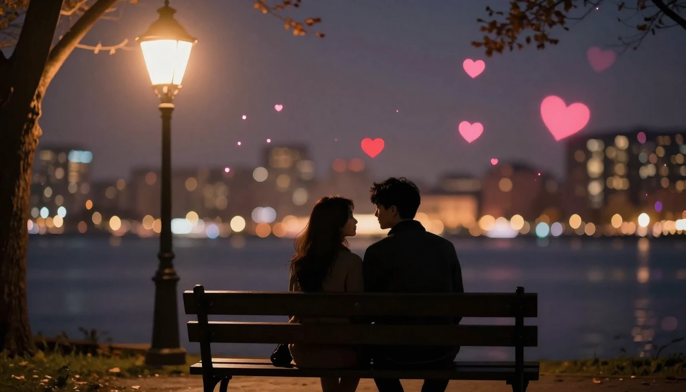 A romantic and atmospheric scene featuring a silhouette of a...