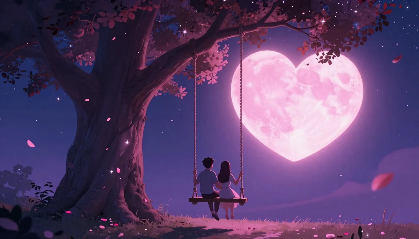 A romantic and dreamy illustration of a couple sitting on a ...
