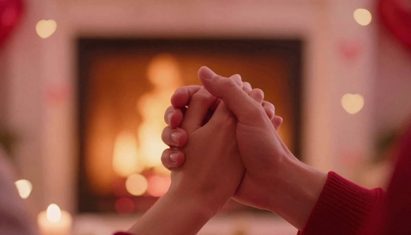 A romantic and intimate close-up scene of a couple holding h...