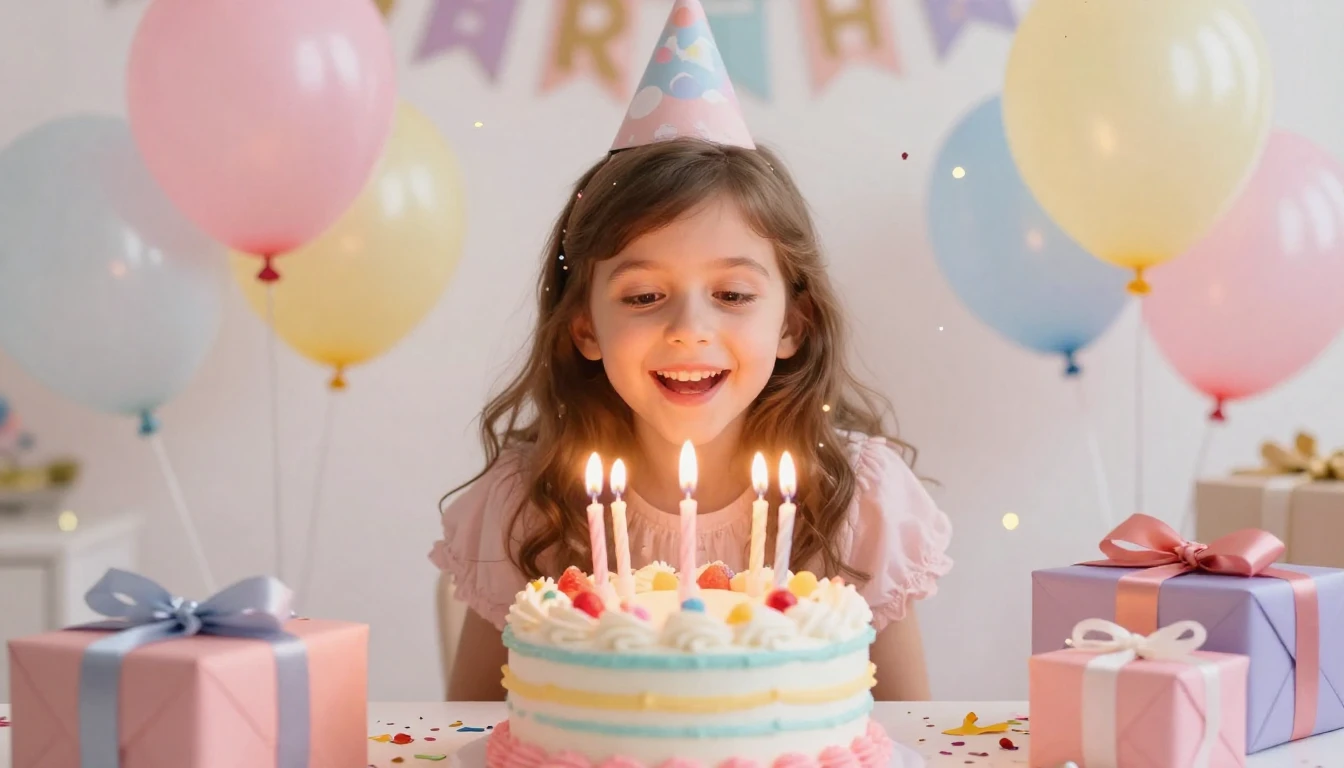 A joyful little girl with a big smile blowing out candles on...