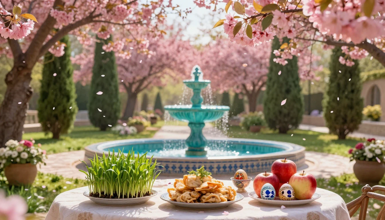 A lush Persian garden in full bloom during spring. Vibrant p...