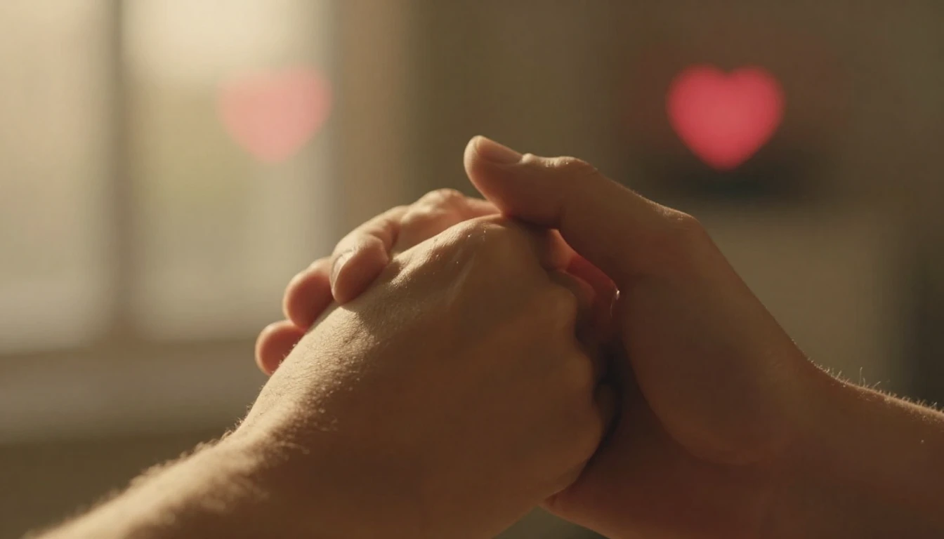 A cinematic close-up shot of two hands holding each other ge...