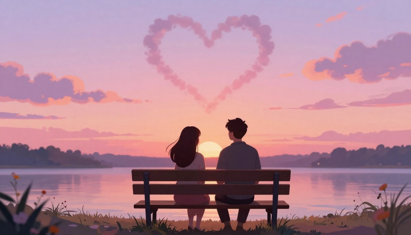 A romantic and dreamy illustration of two silhouettes sittin...
