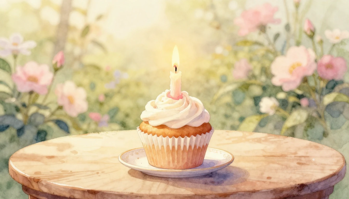 A soft watercolor painting of a single lit candle on a small...
