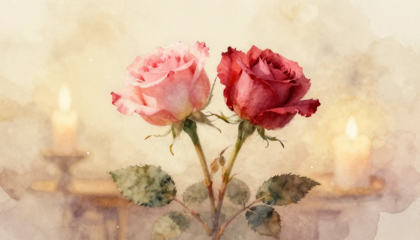 A delicate watercolor painting of two intertwined rose stems...