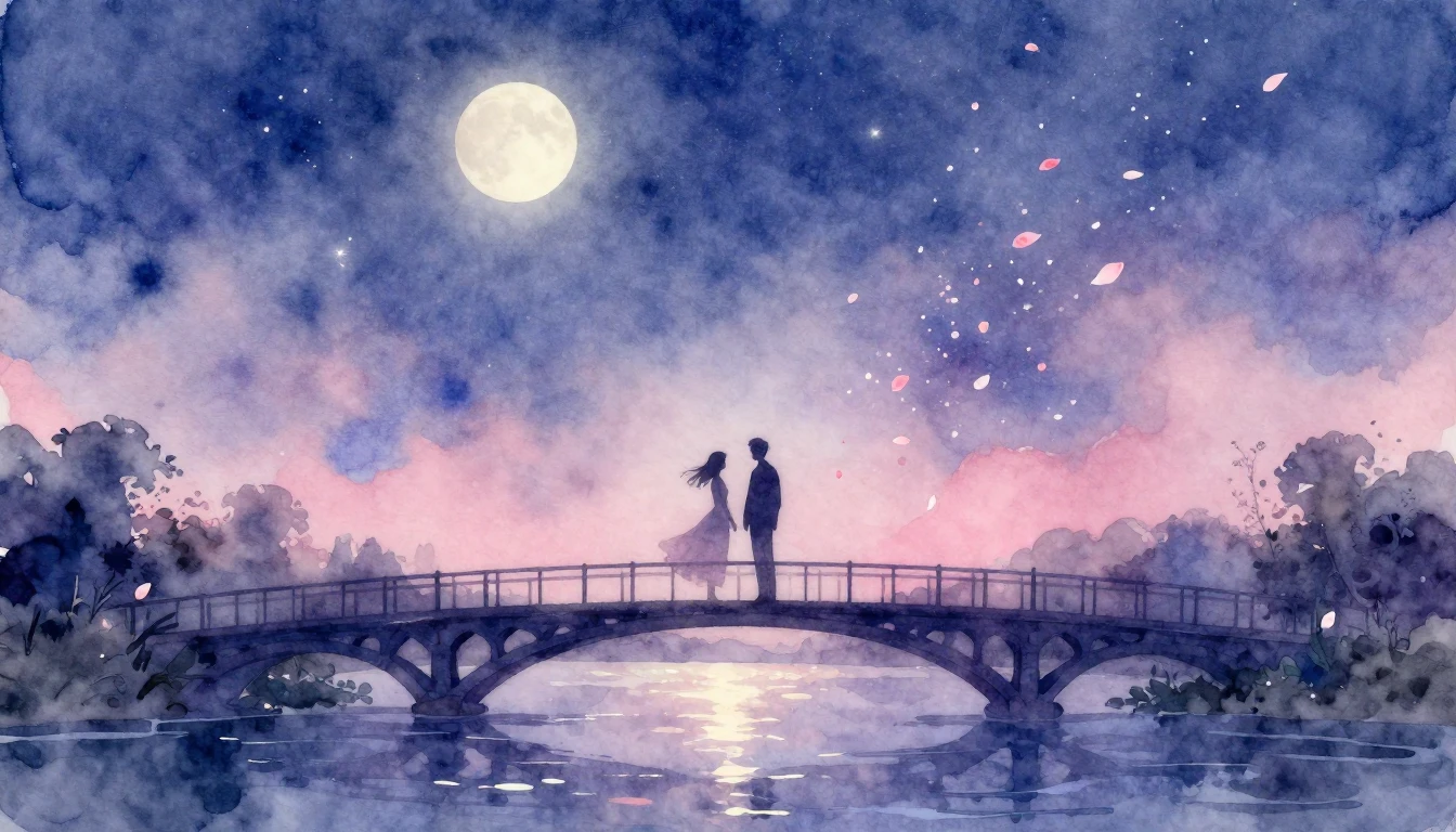 A beautiful and soft watercolor painting depicting two silho...