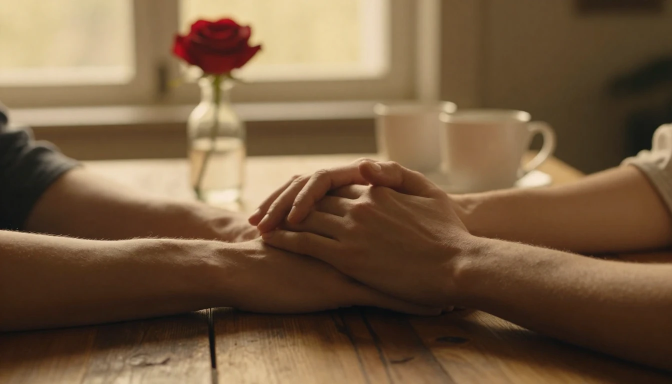 A close-up, cinematic shot of two hands gently intertwined r...