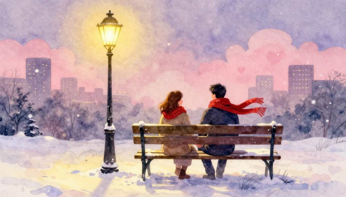 A romantic and dreamy watercolor painting featuring a couple...