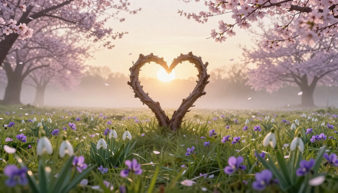 A breathtaking landscape of a blooming meadow at dawn during...