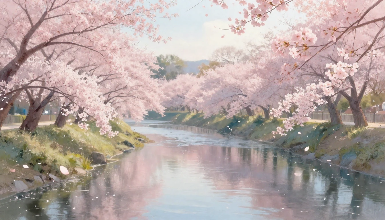 A breathtaking landscape of cherry blossom trees in full blo...
