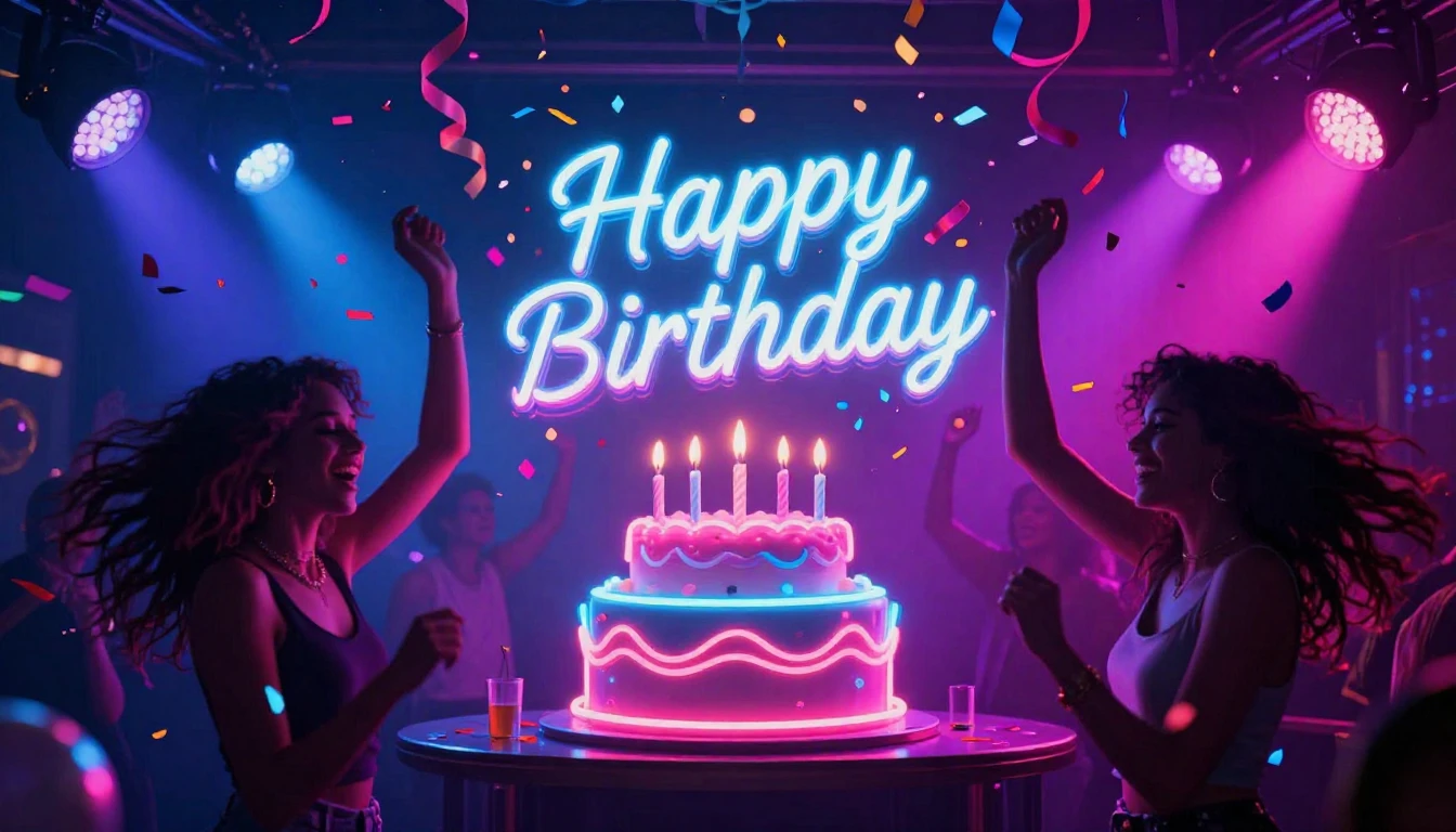 A vibrant and energetic party scene celebrating a birthday, ...