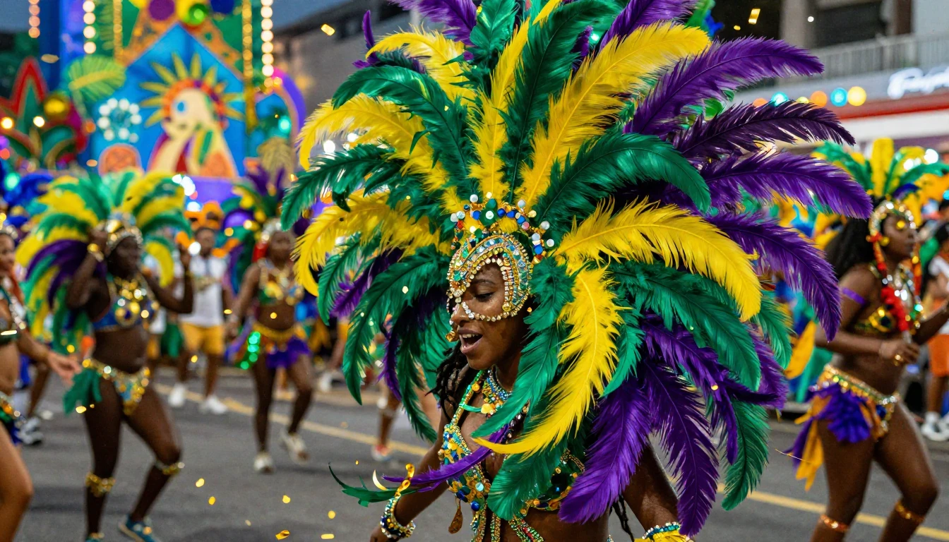 A vibrant and explosive scene of a Carnival celebration. The...