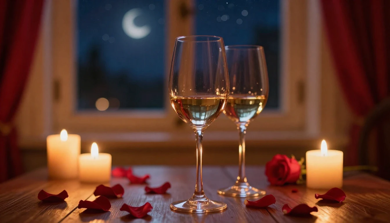 A romantic and serene scene featuring two elegant wine glass...