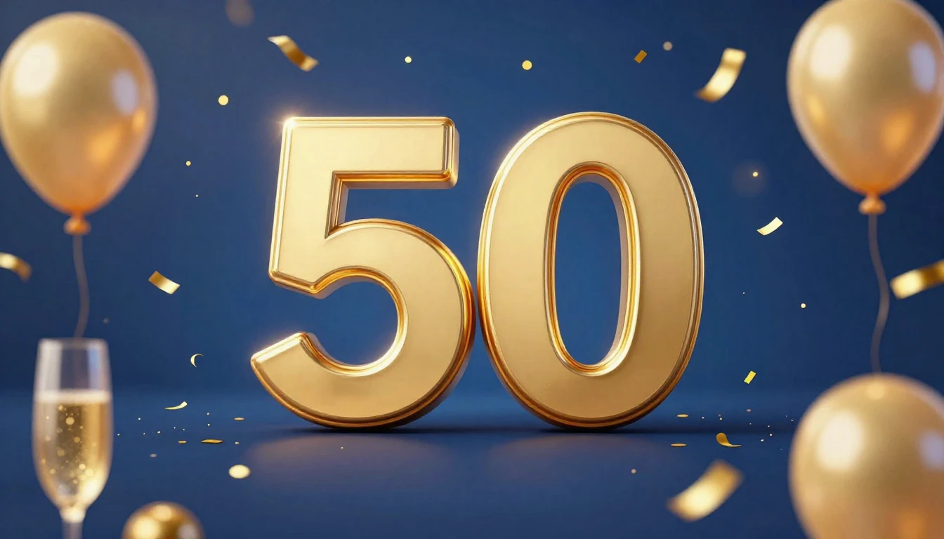 A festive and elegant album cover design celebrating a 50th ...