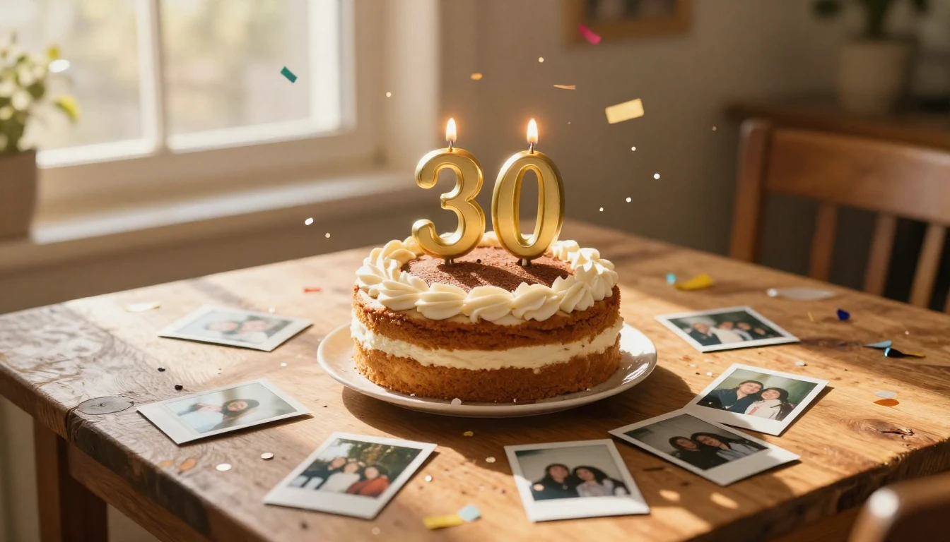 A warm and nostalgic birthday celebration scene for a 30th b...