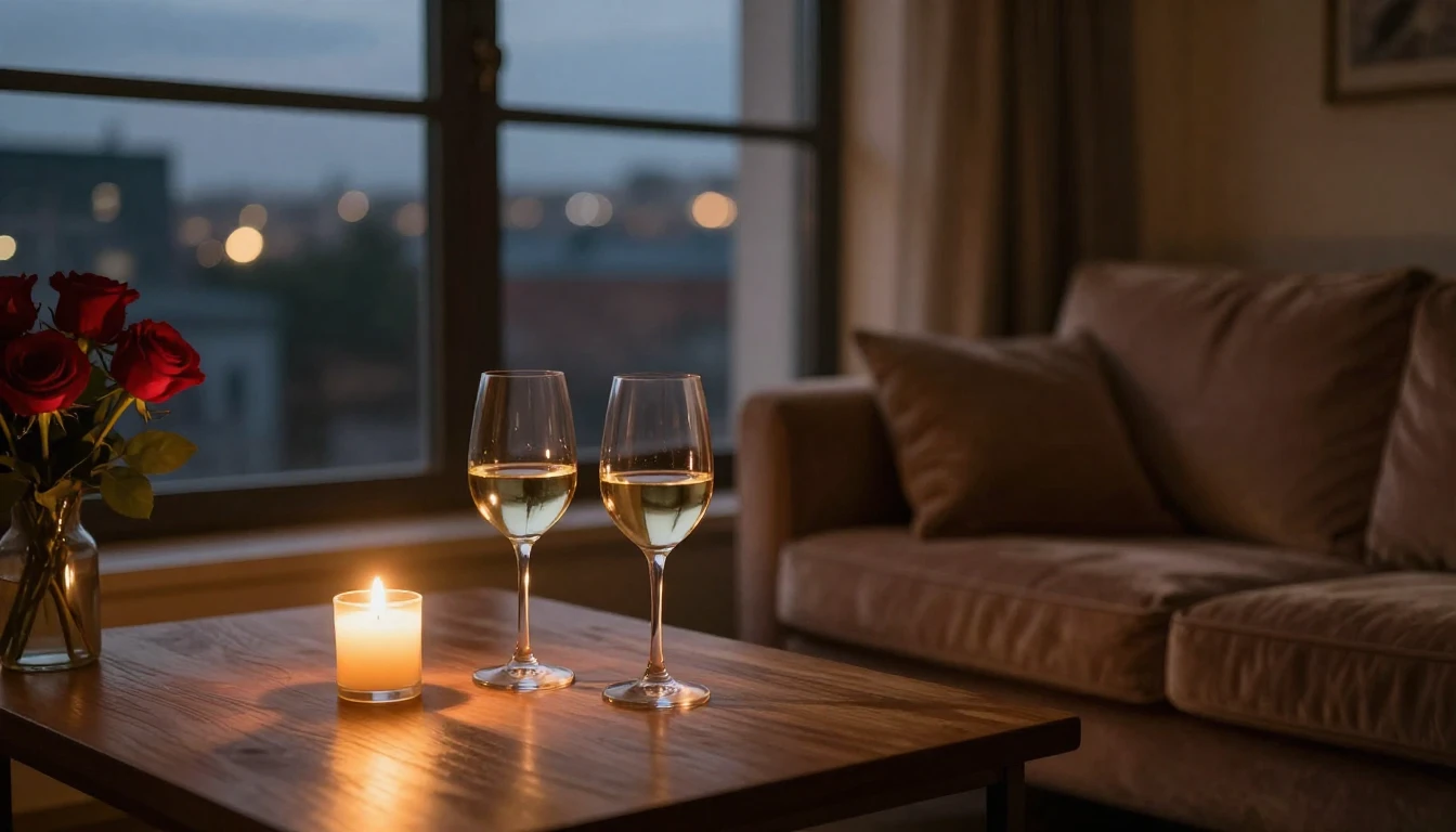 A cozy, dimly lit room with a large window overlooking a cit...