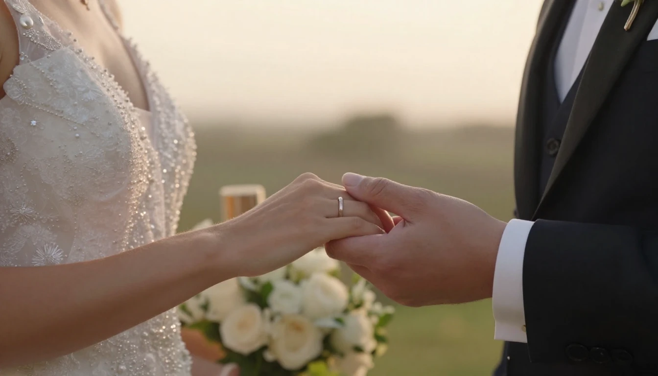 A romantic close-up scene of a bride and groom holding hands...