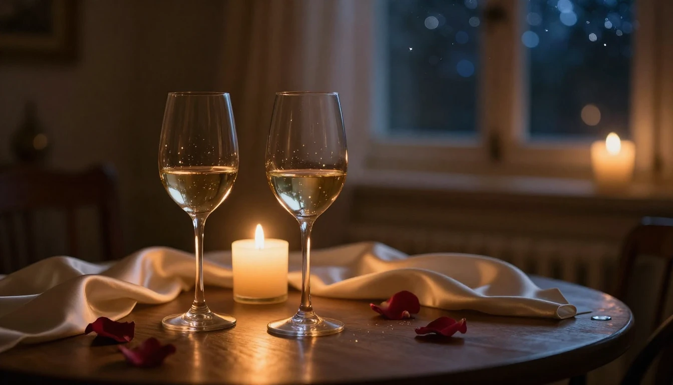 A cozy, dimly lit room during a peaceful evening. Two elegan...