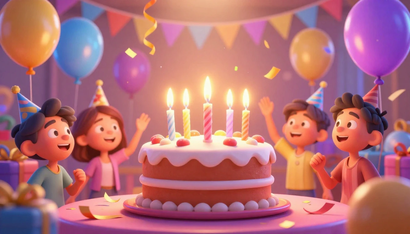 A vibrant and joyful birthday party scene in a 3D animated s...