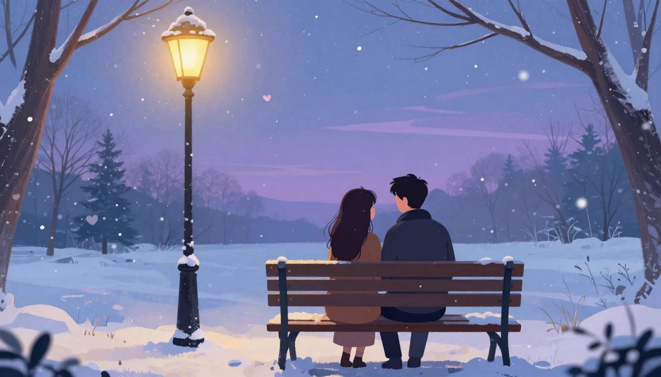 A romantic and cozy illustration of a couple sitting on a be...
