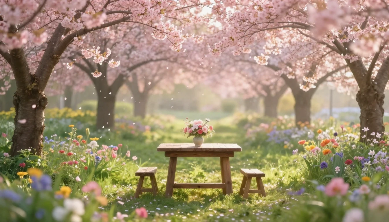 A serene spring garden scene at dawn. Soft sunlight filters ...