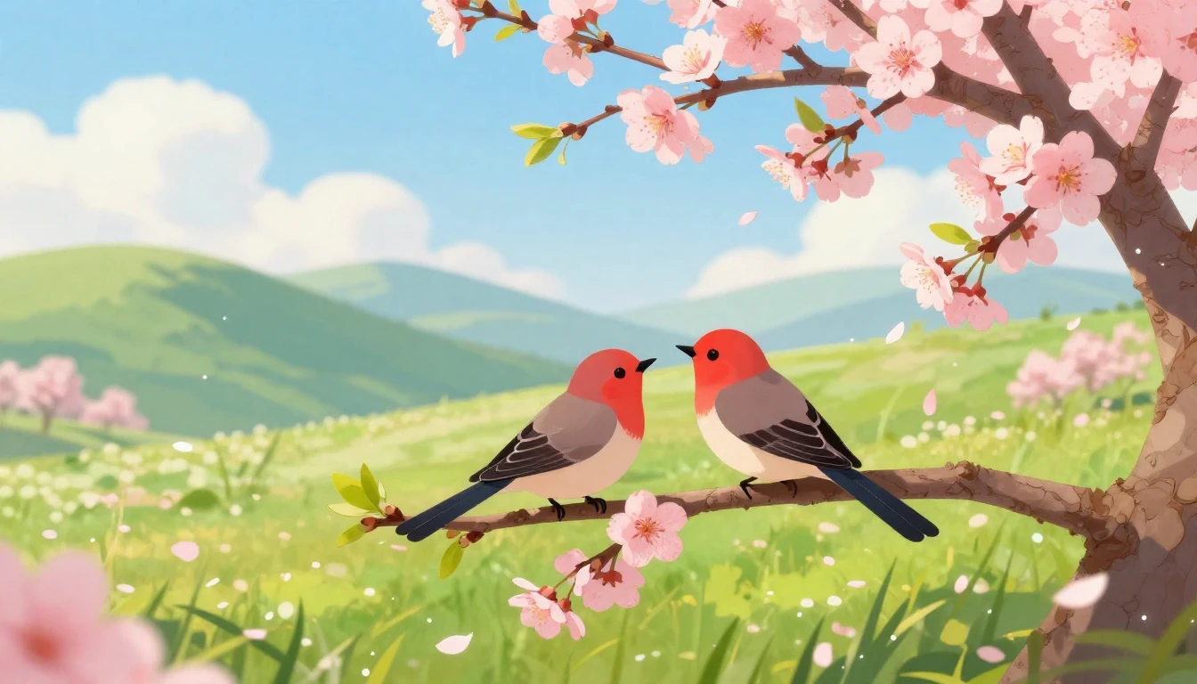 A vibrant spring landscape in a lush rural setting. Two styl...