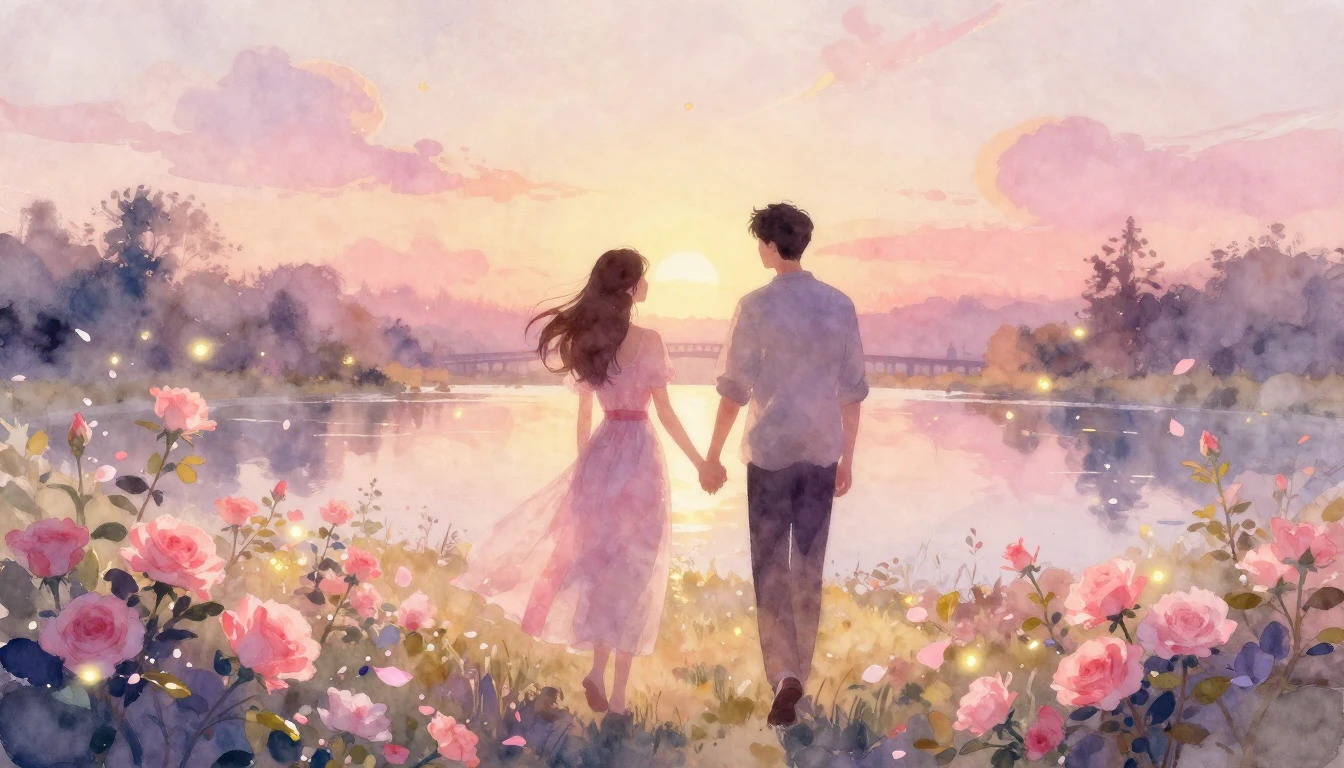 A soft and ethereal watercolor painting depicting two silhou...