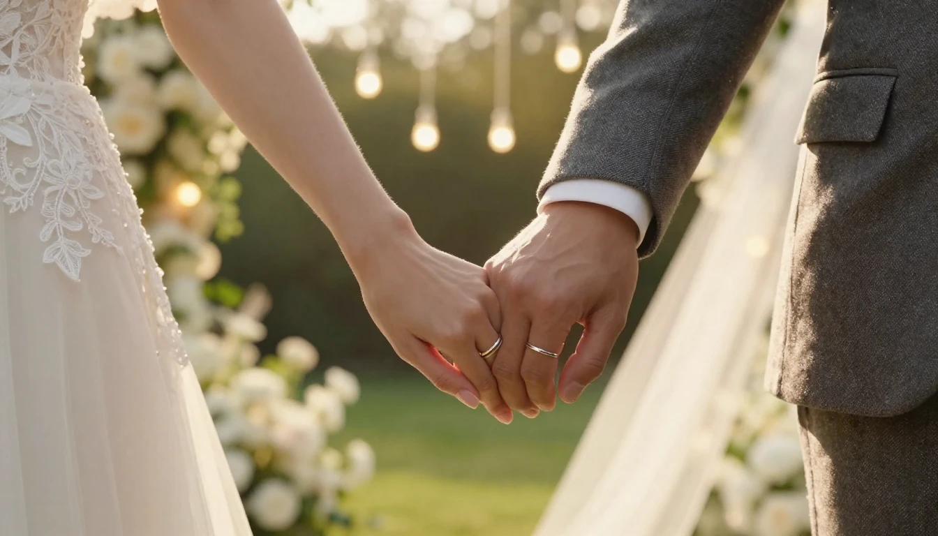 A close-up, romantic shot of a bride and groom holding hands...