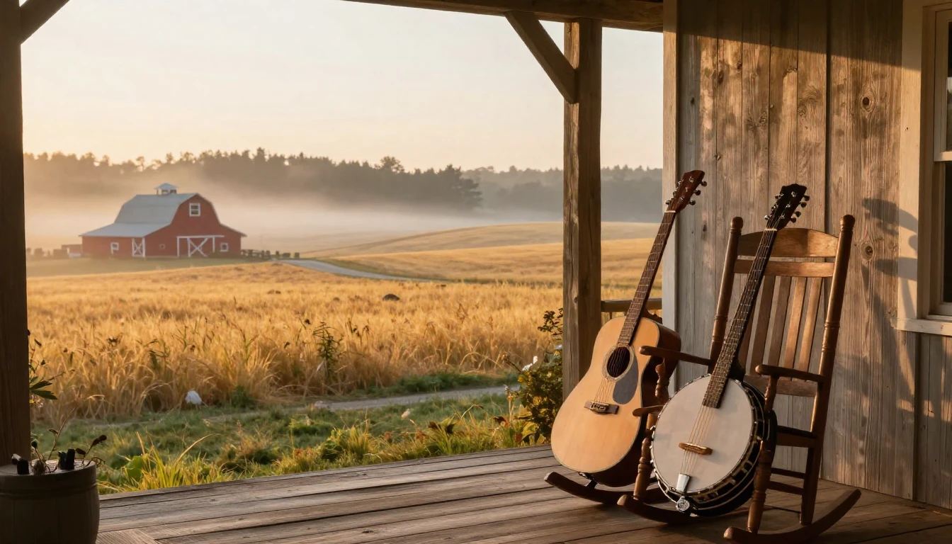 A scenic view from an old wooden porch looking out over roll...