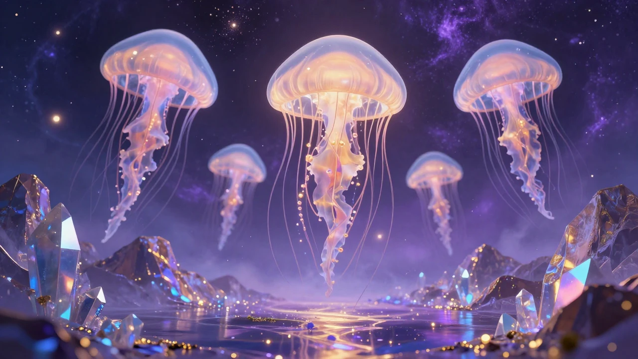 A surreal landscape where giant floating jellyfish drift thr...