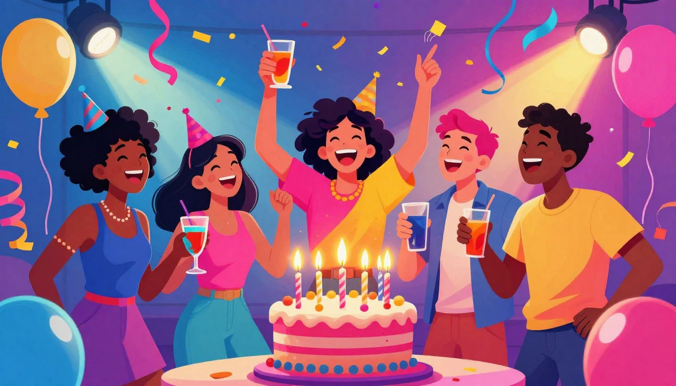 A vibrant and energetic digital art illustration of a birthd...