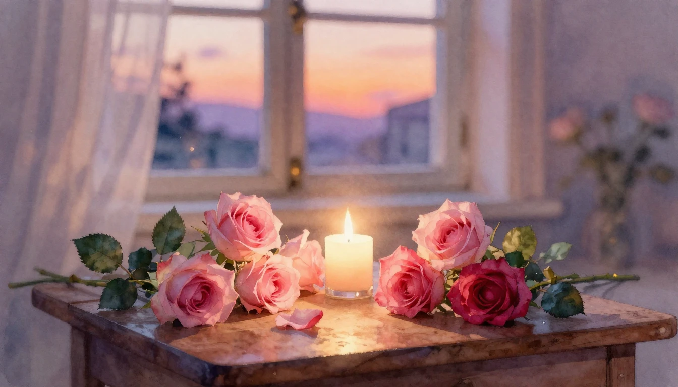 A beautiful watercolor painting of a soft, romantic scene. D...