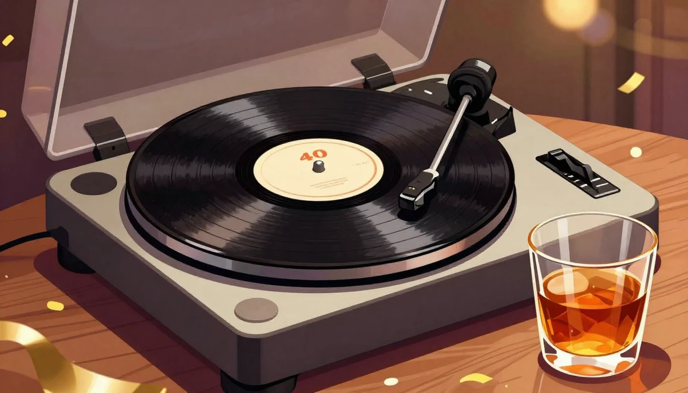 A festive and stylized illustration of a vintage vinyl recor...